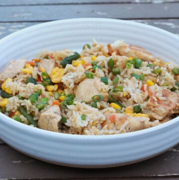 Side view of chicken fried rice in white bowl.