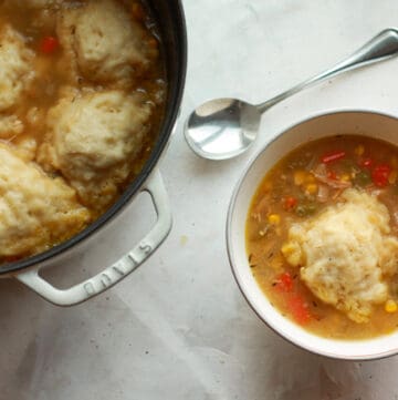 Old-fashioned chicken and dumplings in pot and bowl.