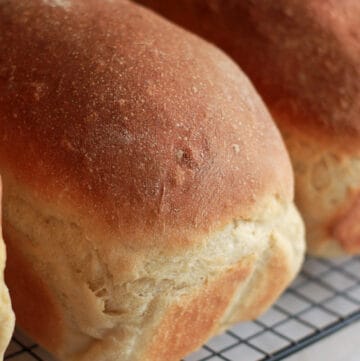 Loaves of soft crust sourdough sandwich bread on cooling rack